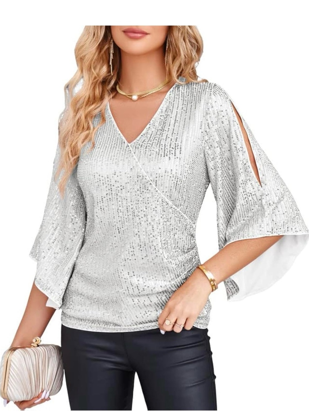 Grace Karin Silver Sequin V-Neck Split Bell Sleeve Top